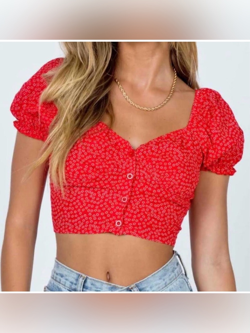 Princess Polly Red Floral Button-Front Crop Top